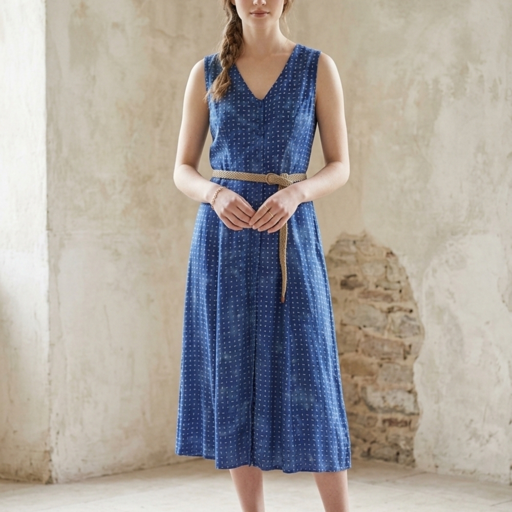 Blue Tile Print Midi Dress Button Down Boho Scandi NWOT Size XS